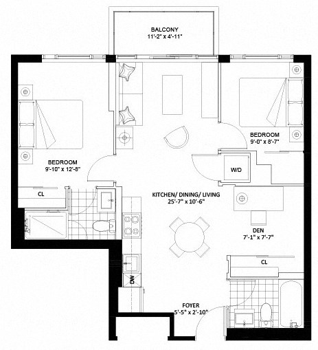 Floor plan for 2 beds, 2 baths, 770 sqft